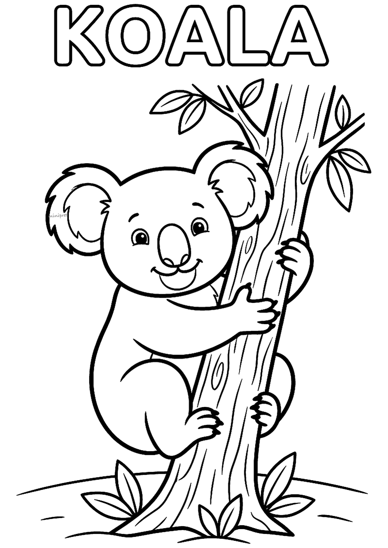 Kleurplaat van een lachende koala met pluizige oren die een boomstam met bladeren stevig vasthoudt, met KOALA erboven