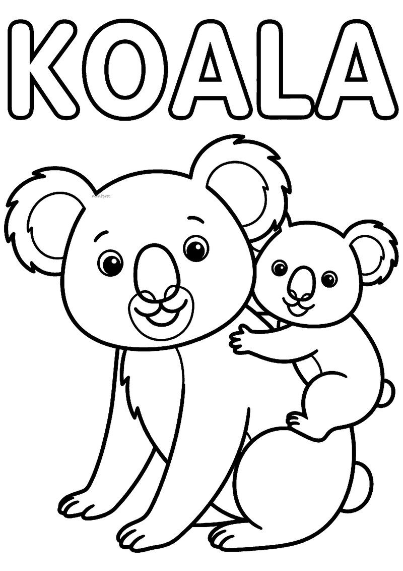 Kleurplaat van een koala moeder met een kleine koala op haar rug die zich vastklampt, met KOALA erboven