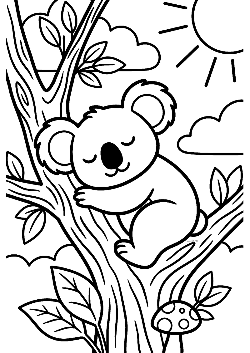 Kleurplaat van een slapende koala die met gesloten ogen een tak omarmt in de vork van een boom