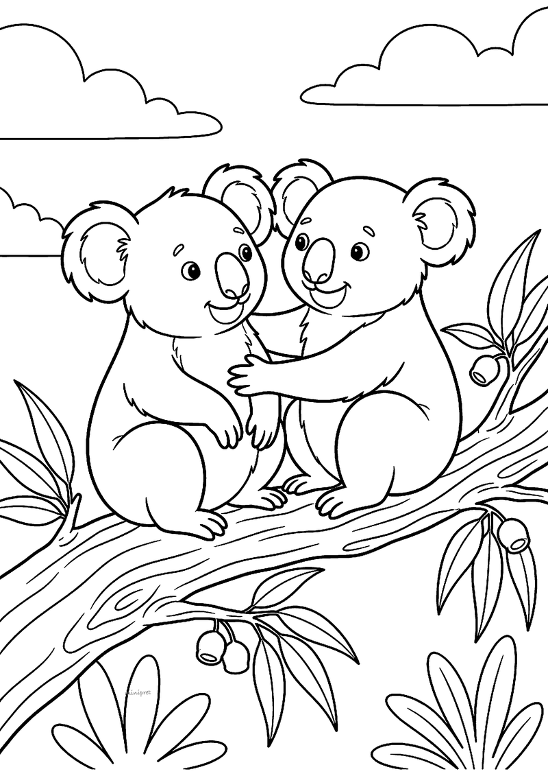 Kleurplaat van twee knuffelende koala's op een dikke eucalyptustak met bladeren en bessen, en wolken in de lucht
