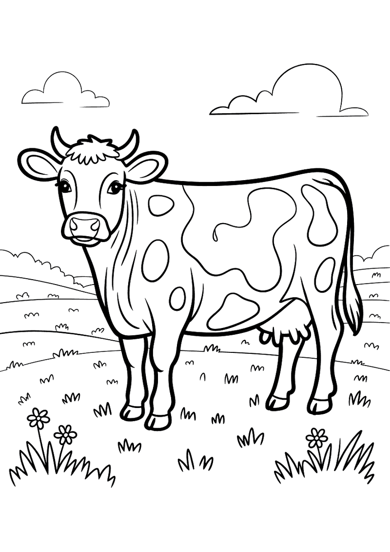 Kleurplaat van een zwarte Angus-koe die rustig staat in een open veld met een heldere lucht erboven
