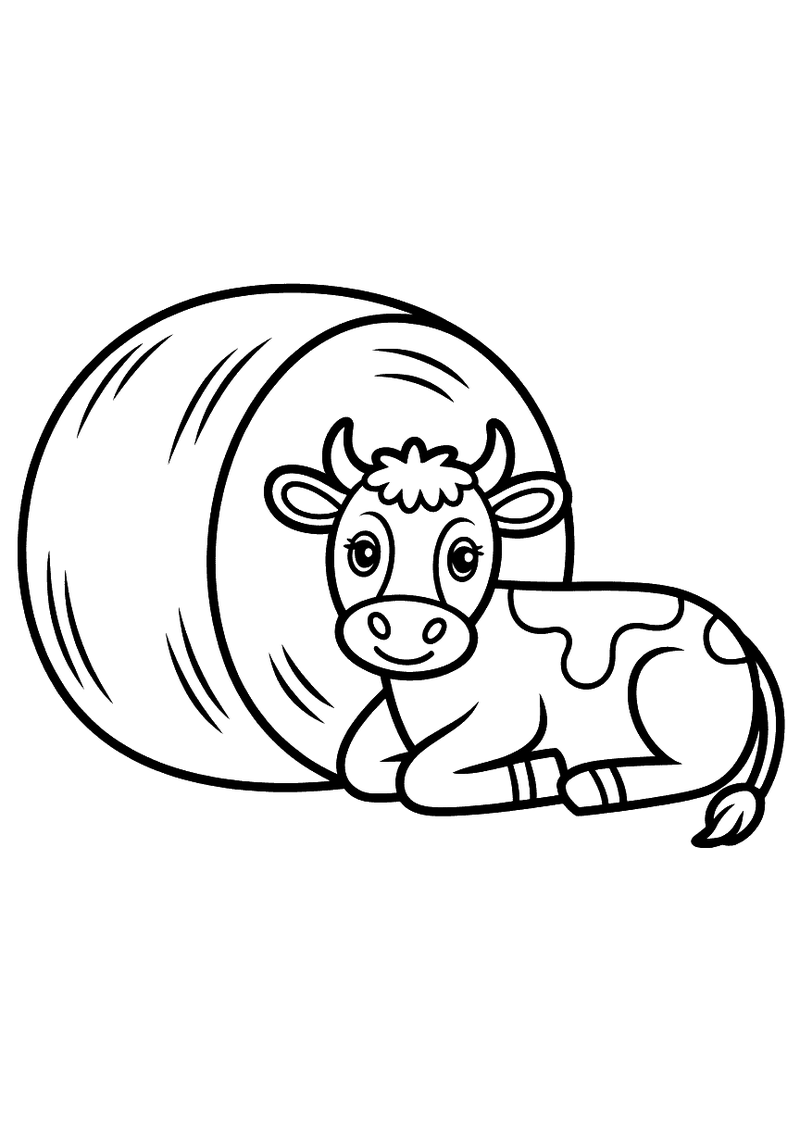 Kleurplaat van een koe die rustig staat naast een grote ronde hooibaal en hooi eet op de boerderij