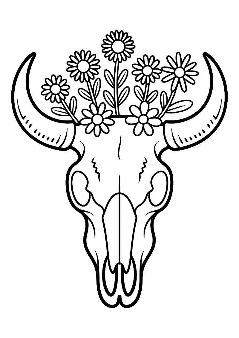 Kleurplaat van een koeschedel versierd met bloemen en bladeren in een sierlijke dag-van-de-doden stijl
