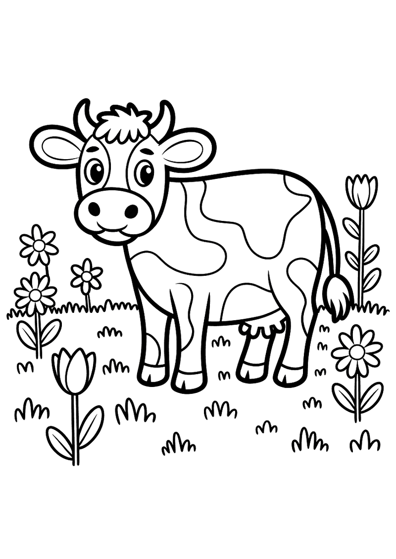 Kleurplaat van een vrolijke koe omringd door allerlei bloemen die ook op haar vacht geschilderd zijn