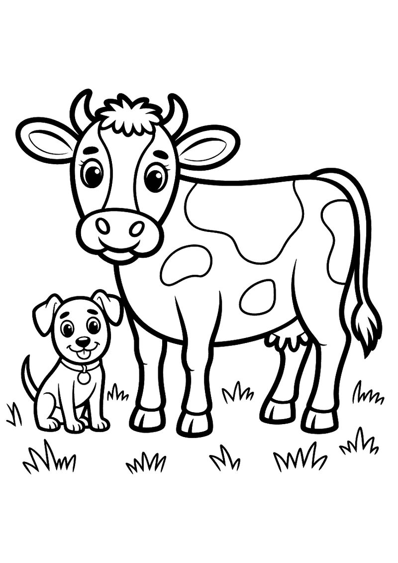 Kleurplaat van een koe en een boerderijhond die samen op het boerderijerf staan en vriendelijk naar elkaar kijken