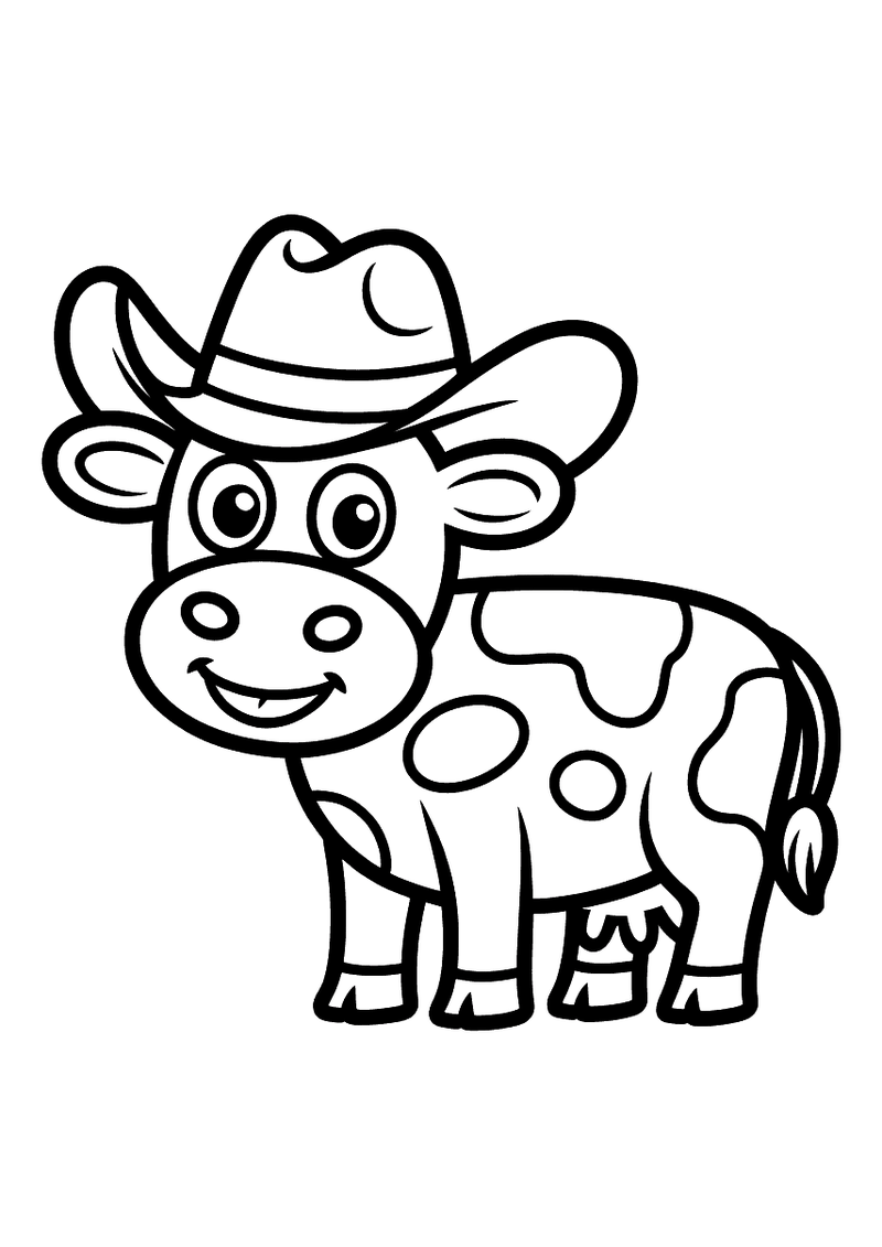 Kleurplaat van een stoere koe die een grote cowboyhoed draagt en zelfverzekerd poseert