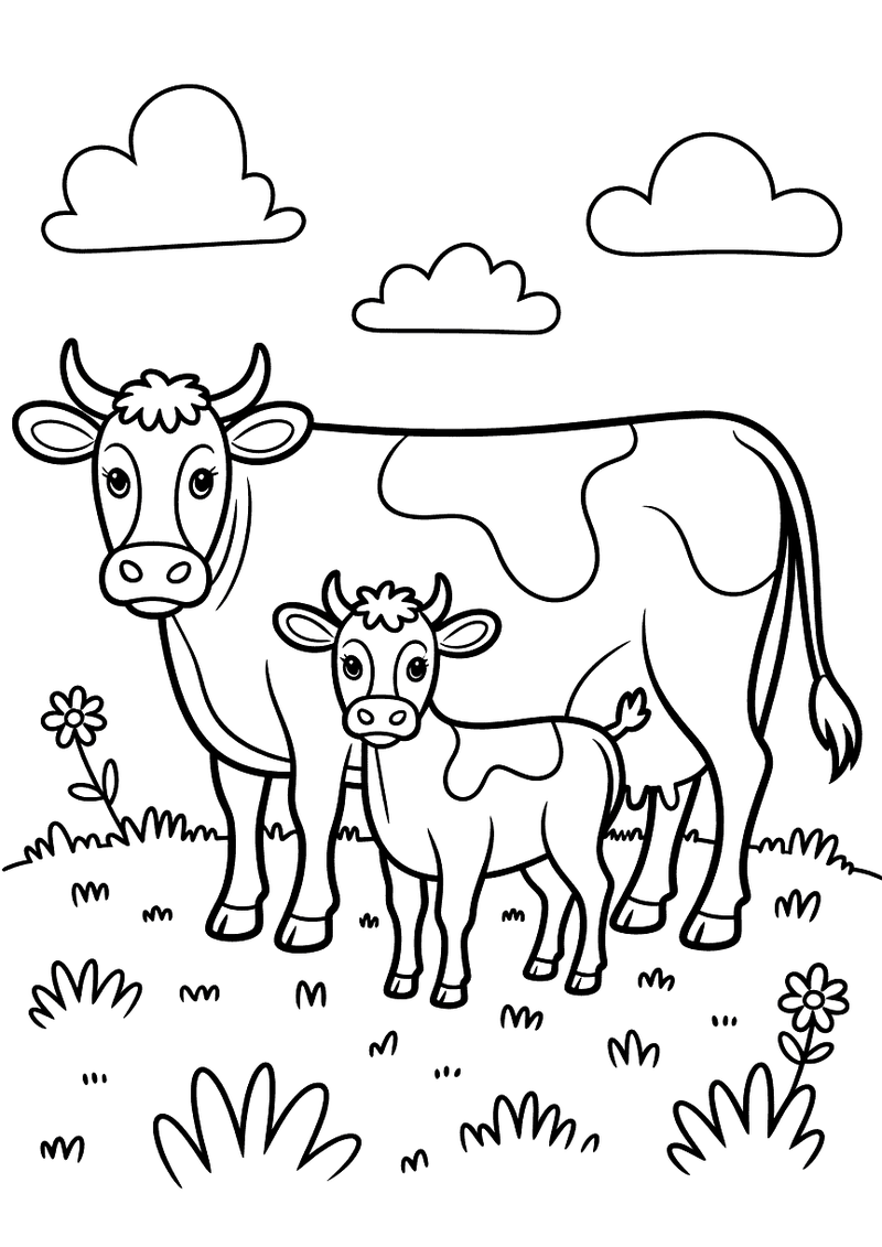 Kleurplaat van een koefamilie met een grote koe, een stier en een kalfje die samen staan in een groen weiland