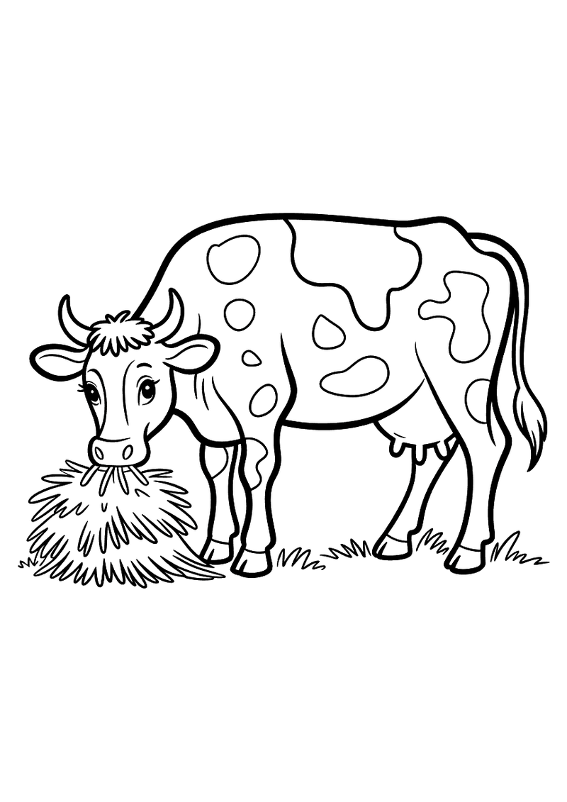 Kleurplaat van een gevlekte zwart-witte koe die staat te eten bij een grote gele hooibaal op de boerderij