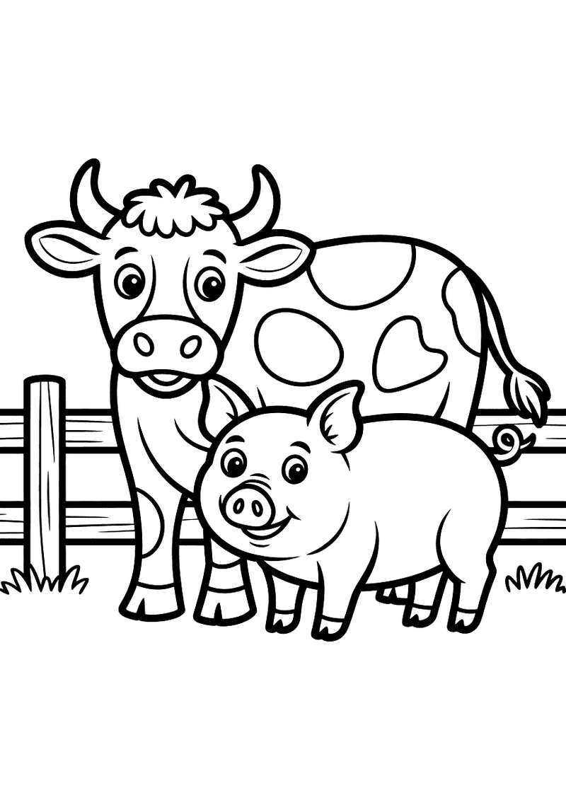 Kleurplaat van een koe en een varken die naast elkaar staan bij een houten hek op de boerderij