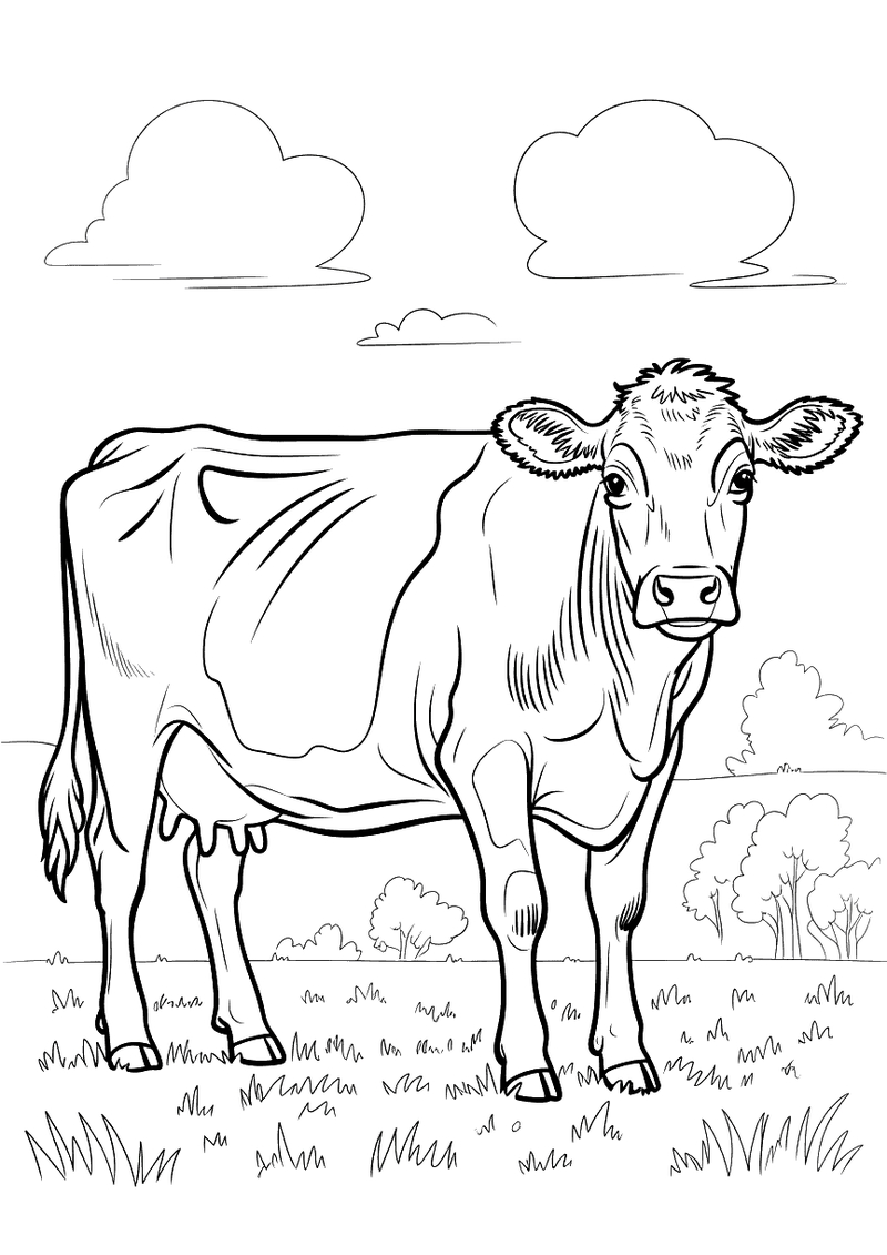 Kleurplaat van een Holstein melkkoe met zwart-witte vlekken die rustig staat te grazen in een groen weiland