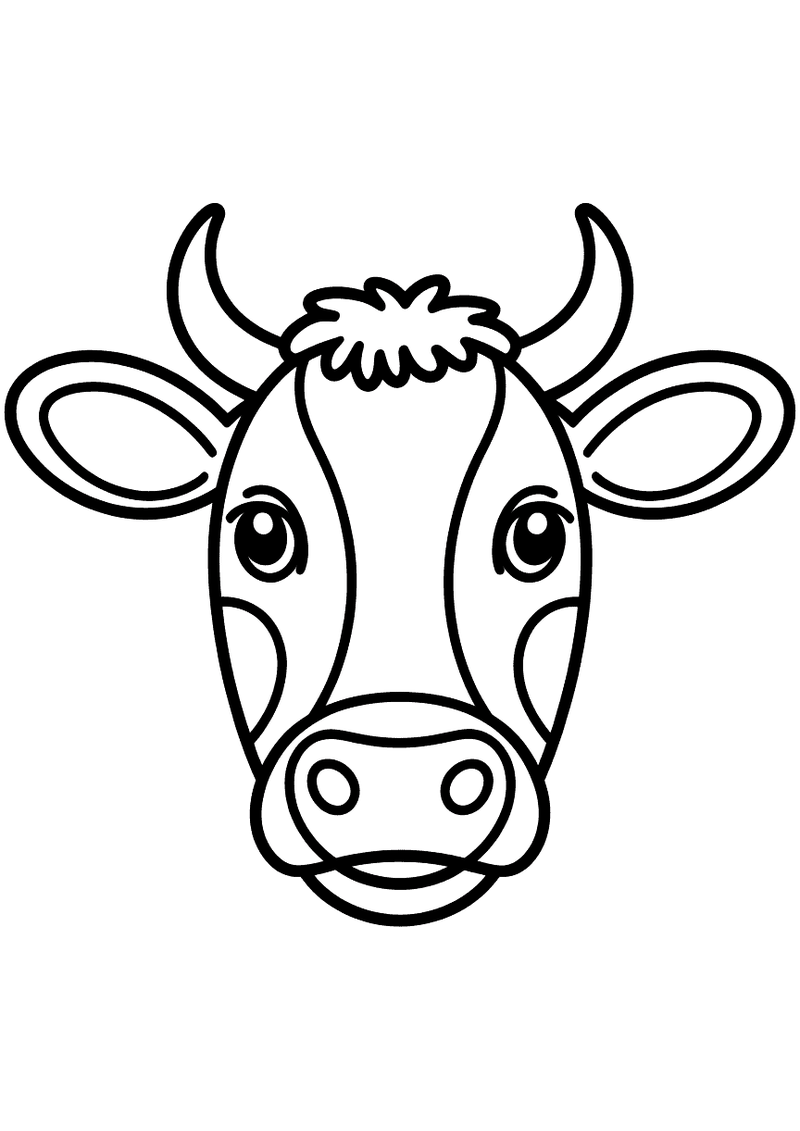 Kleurplaat van een gedetailleerd portret van een koehoofd met grote oren, vriendelijke ogen en een brede snuit