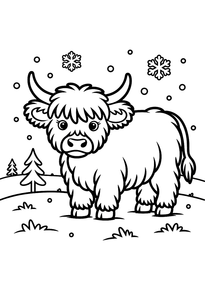 Kleurplaat van een Schotse hooglandkoe die in een besneeuwd winterlandschap staat met sneeuw op haar ruige vacht