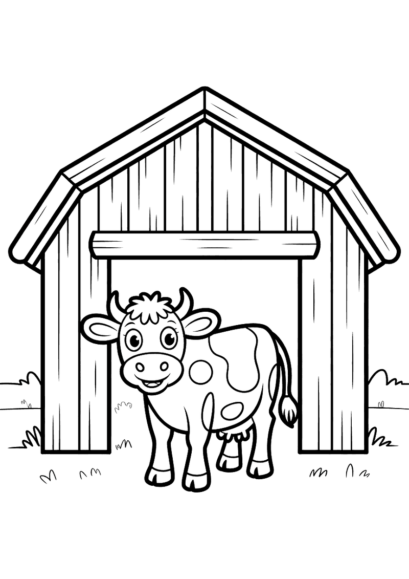 Kleurplaat van een koe die staat voor een grote houten schuur op een boerderij met groen gras rondom