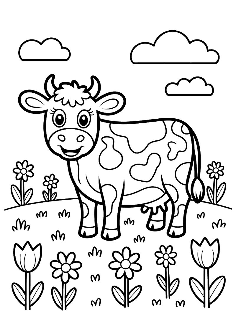 Kleurplaat van een gevlekte koe die in een weide staat omgeven door tulpen, madeliefjes en wolken aan een heldere lucht