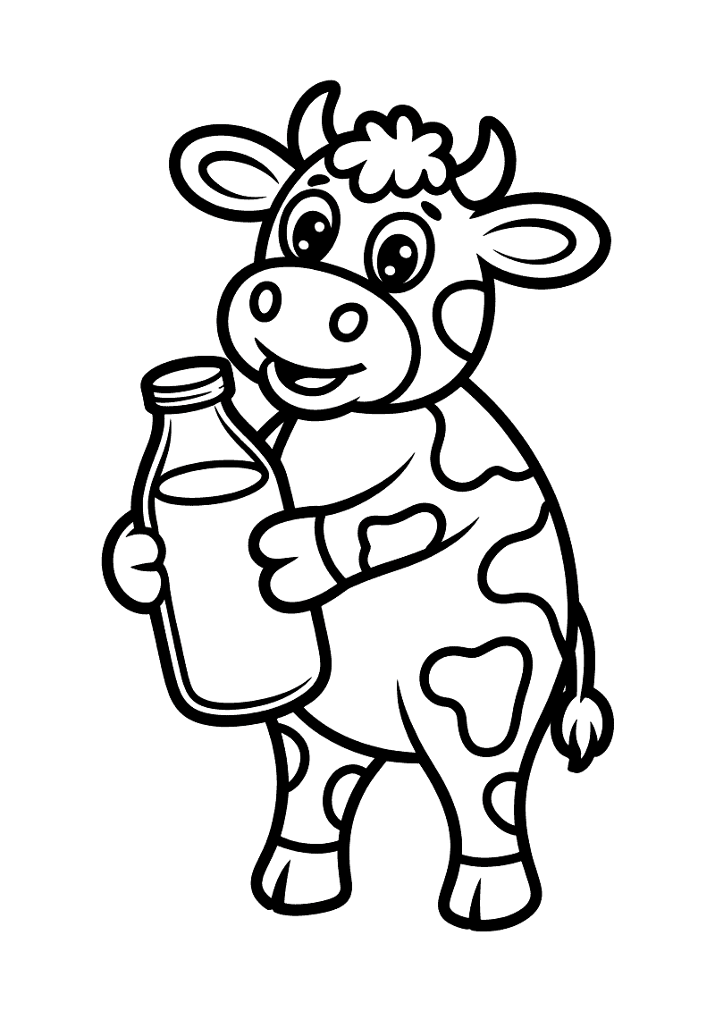 Kleurplaat van een staande koe die op twee poten staat en trots een grote glazen fles met melk omhooghoudt