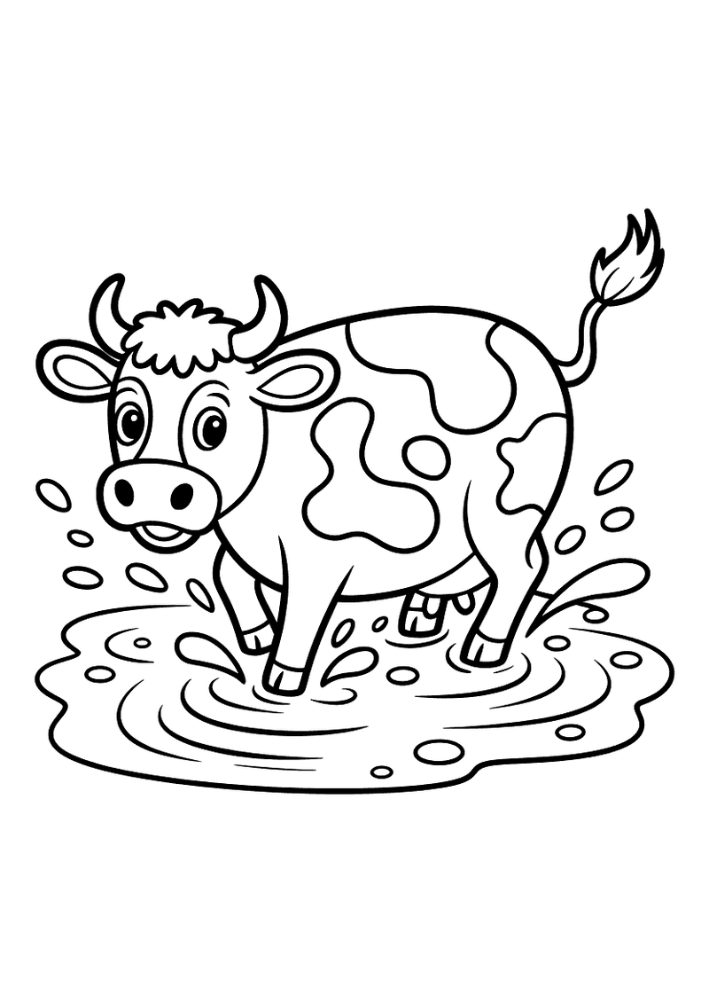 Kleurplaat van een gevlekte koe die met haar poten in een modderplas staat en rondspatters van modder en water om zich h