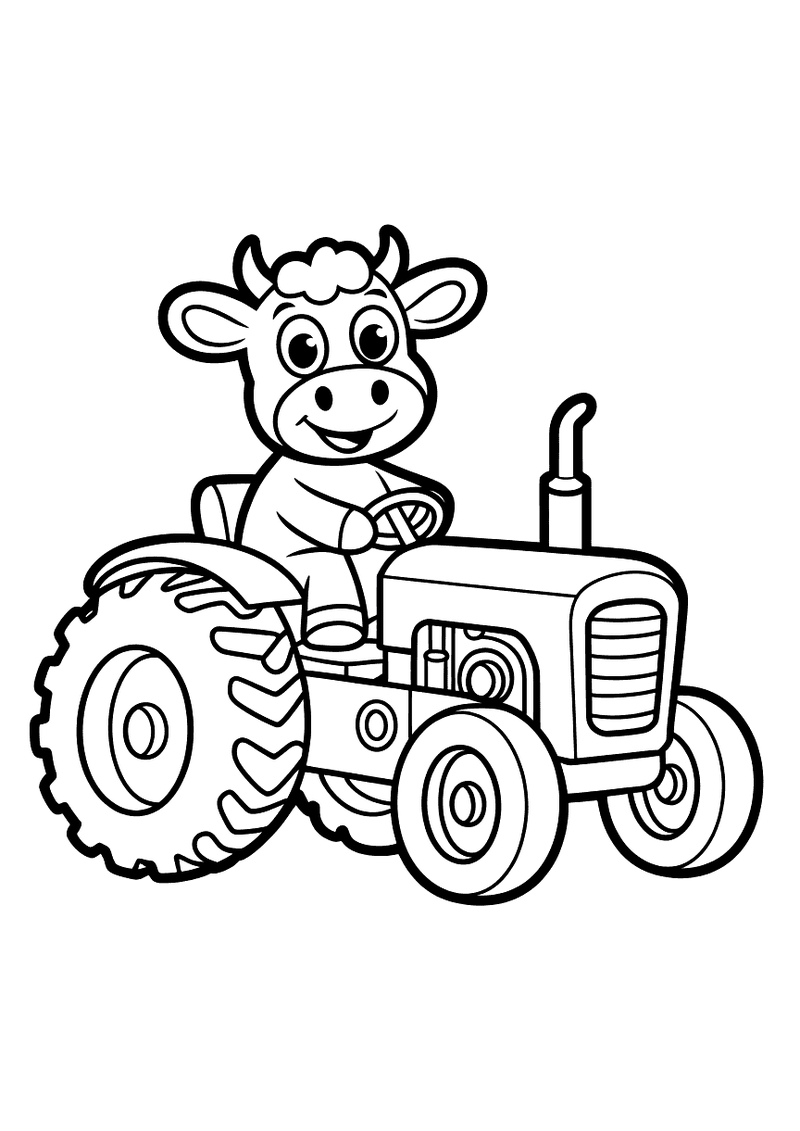 Kleurplaat van een lachende koe die zelfstandig een rode tractor bestuurt met grote wielen op een boerderij