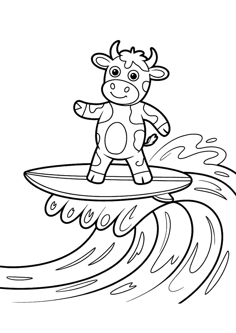 Kleurplaat van een gevlekte koe die balanceert op een surfplank bovenop een grote schuimende golf