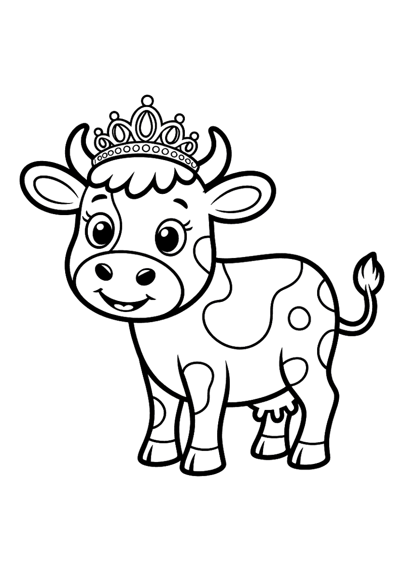 Kleurplaat van een schattige gevlekte koe met een fonkelende tiara op haar hoofd en een lachend gezicht