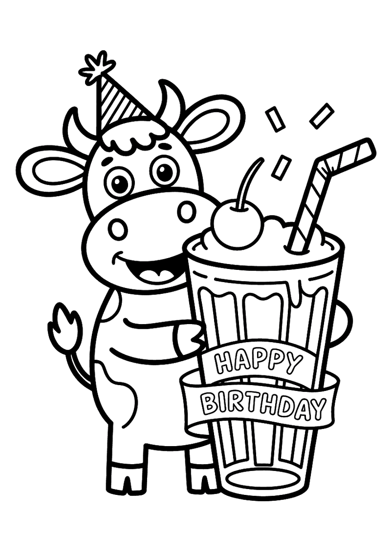 Kleurplaat van een koe met een feestmuts die een grote milkshake vasthoudt met het opschrift Happy Birthday