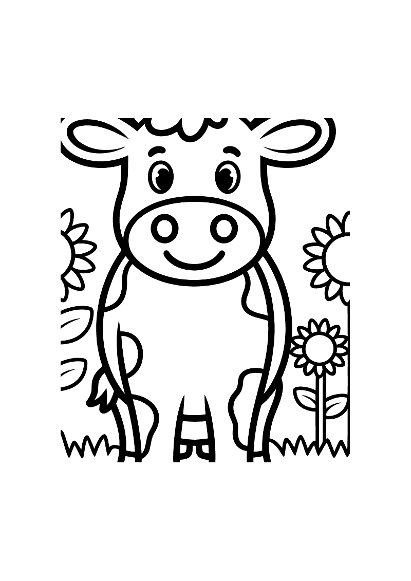 Kleurplaat van een lachende koe die staat in een veld met zonnebloemen aan weerszijden