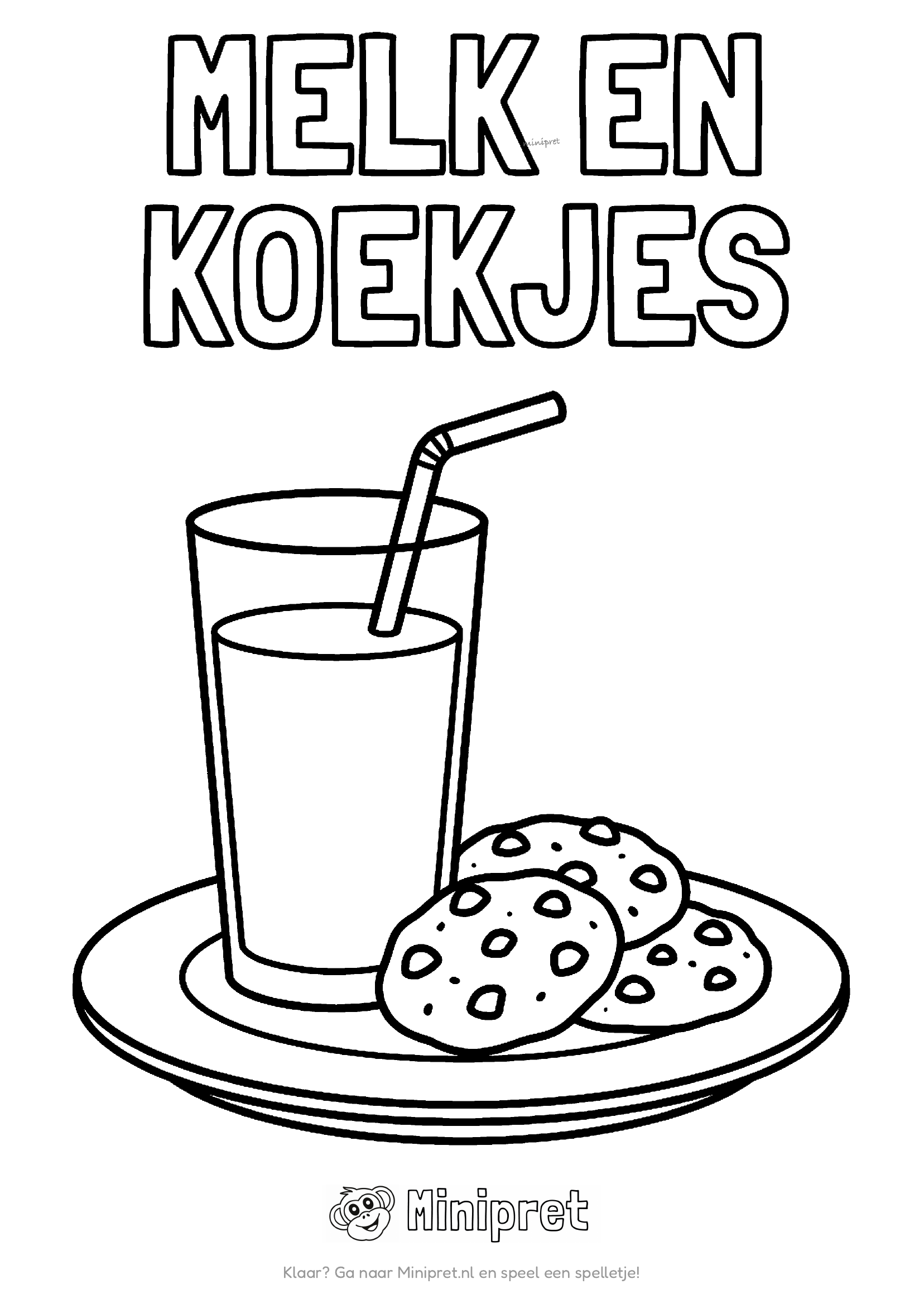 Koek en melk als kleurplaat: koekje met chocoladestukjes naast een glas melk