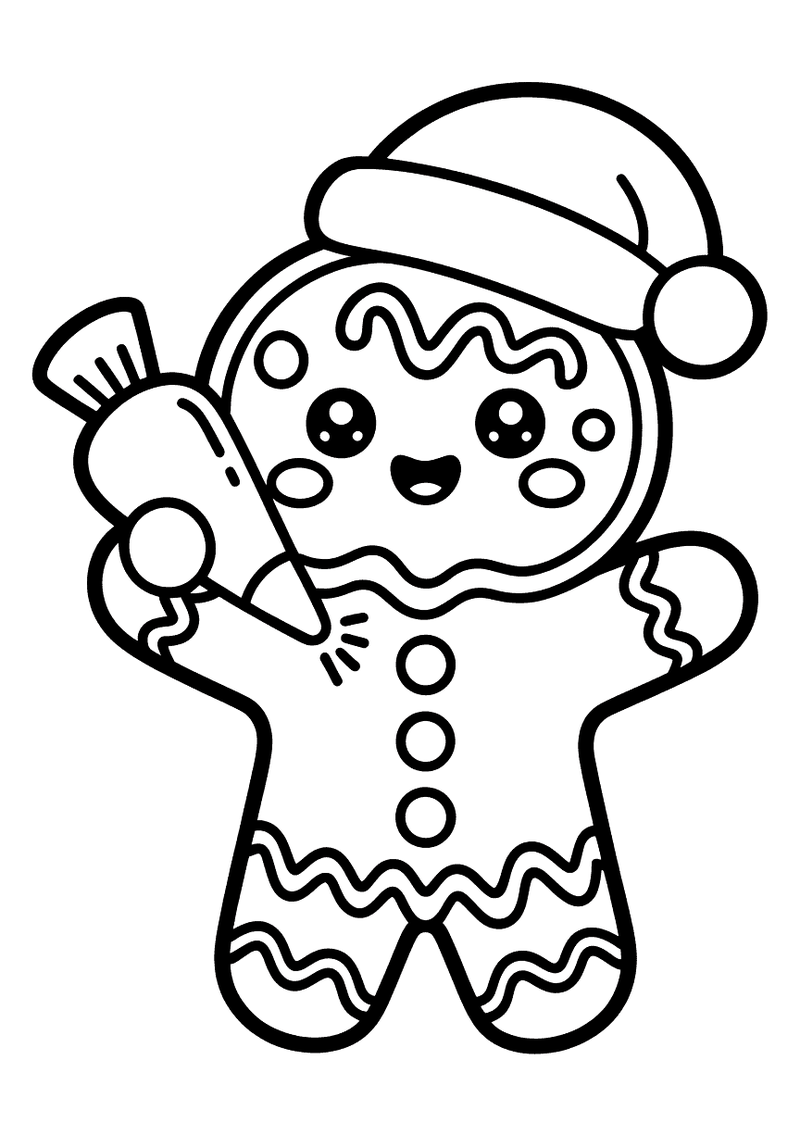 Kawaii kleurplaat van een lachend peperkoekmannetje met een rode kerstmuts dat een snoepjestok vasthoudt en versierd is 