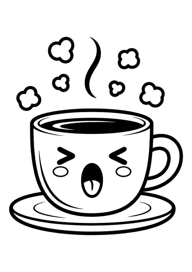Kawaii kleurplaat van een dampend koffiekopje op een schoteltje met een grappig gezichtje met samengeknepen oogjes en ee