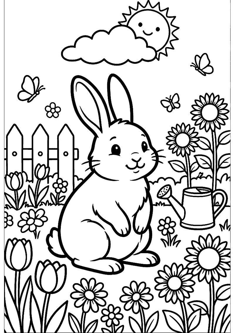 Konijn in tuin met bloemen kleurplaat — gratis kleurplaat