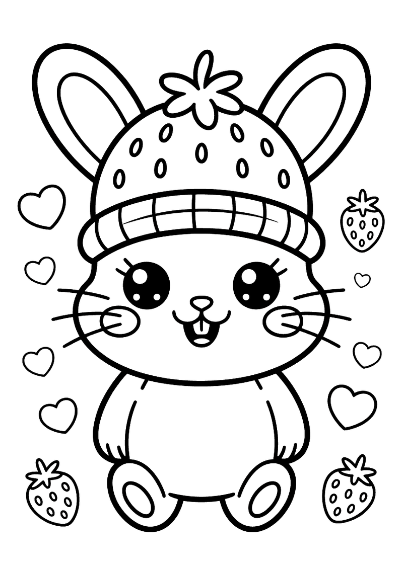 Kawaii kleurplaat van een zittend konijntje met grote ogen en een aardbei-vormige muts op zijn hoofd, omringd door hartj