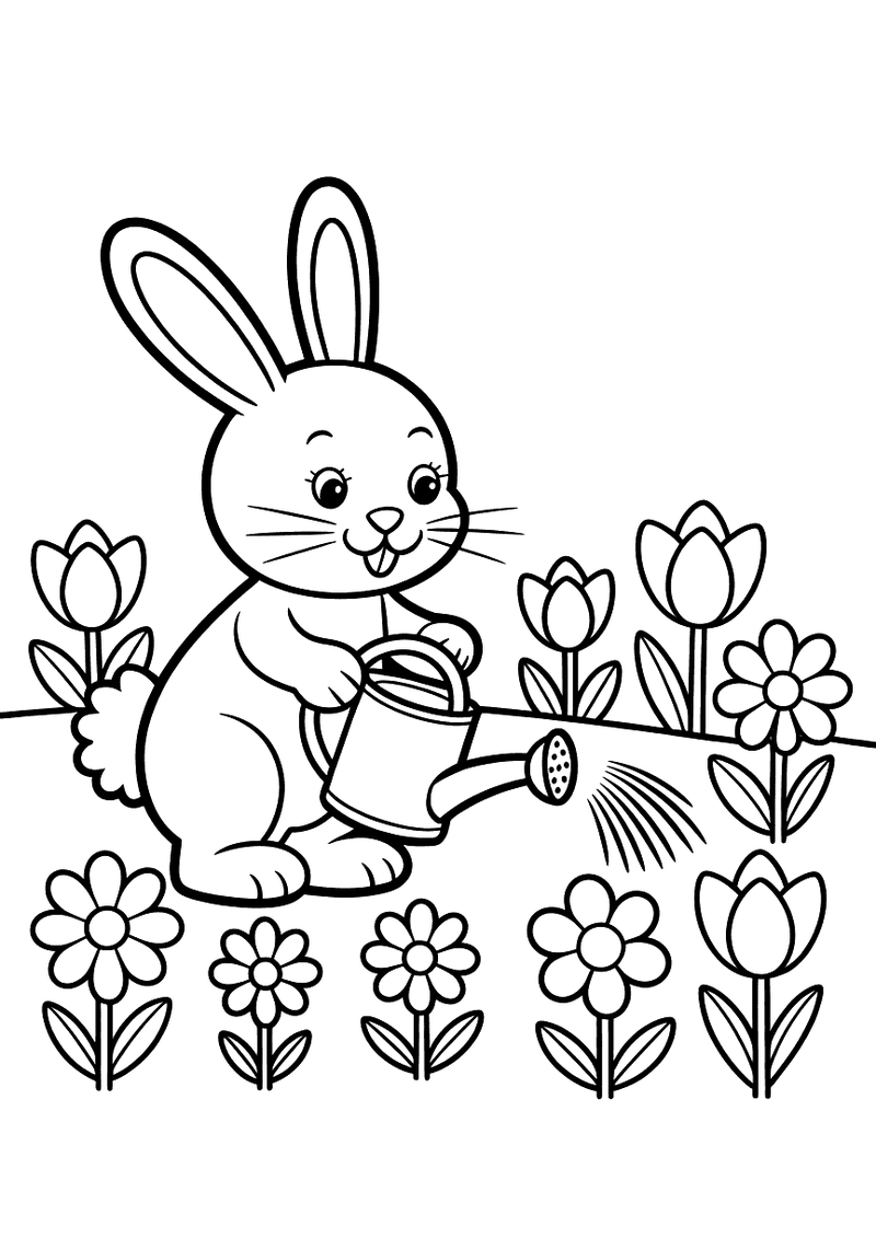 Kleurplaat van een konijn dat met een gieter een rij tulpen en bloemen in de tuin begiet