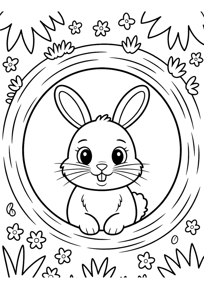 Kleurplaat van een schattig konijn dat in het midden van een ronde boomstam cirkel zit, omgeven door bloemen en grashalm