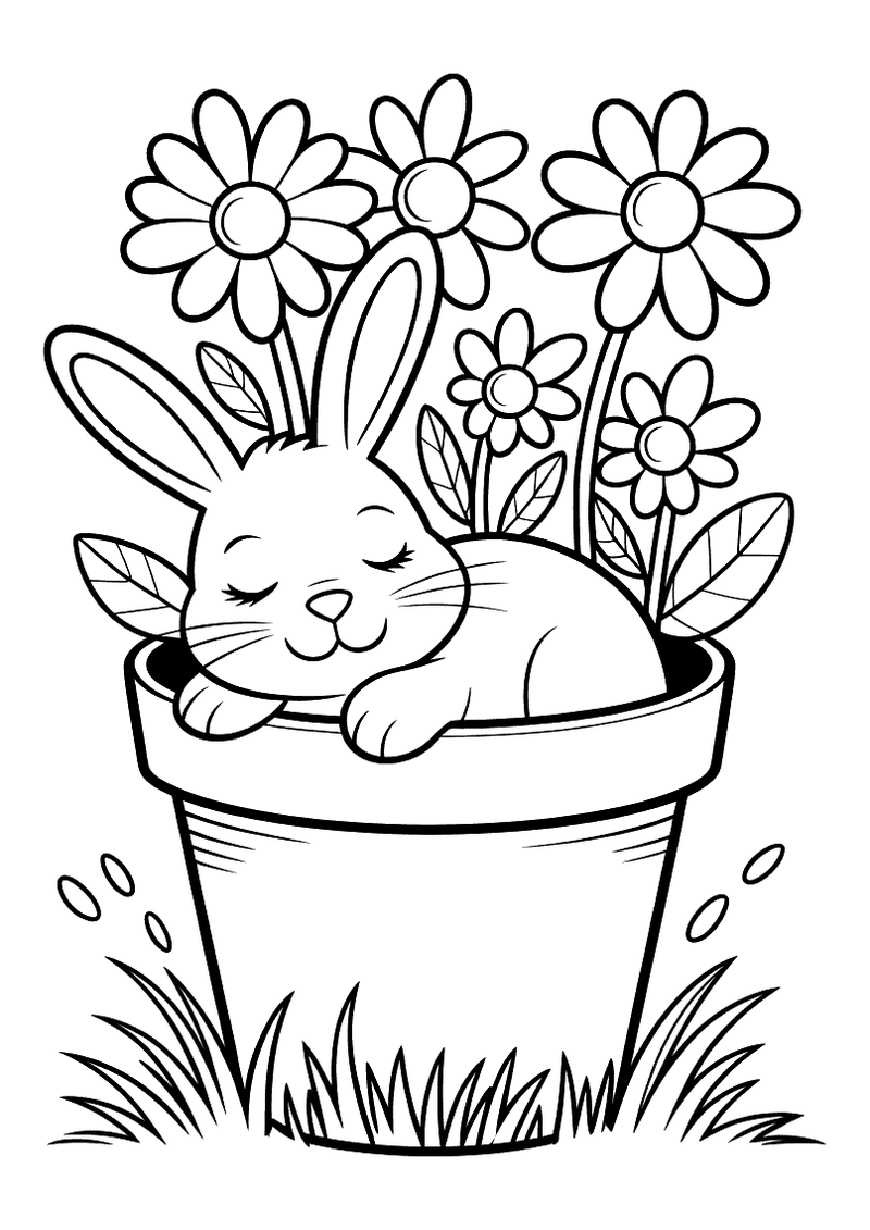 Kleurplaat van een konijn dat met gesloten ogen slapend in een grote bloempot ligt, omringd door bloemen en gras