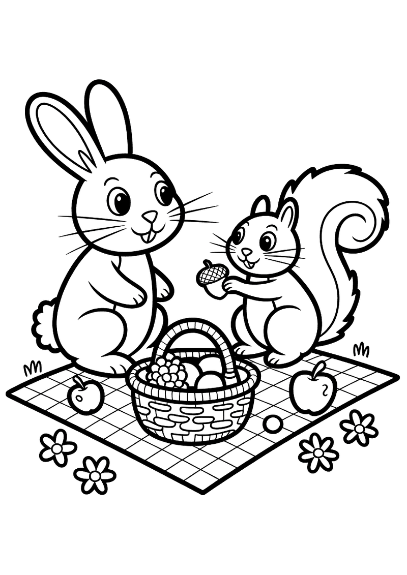 Kleurplaat van een konijn en eekhoorn die samen op een picknickkleed zitten met een gevulde picknickmand en bloemen om h