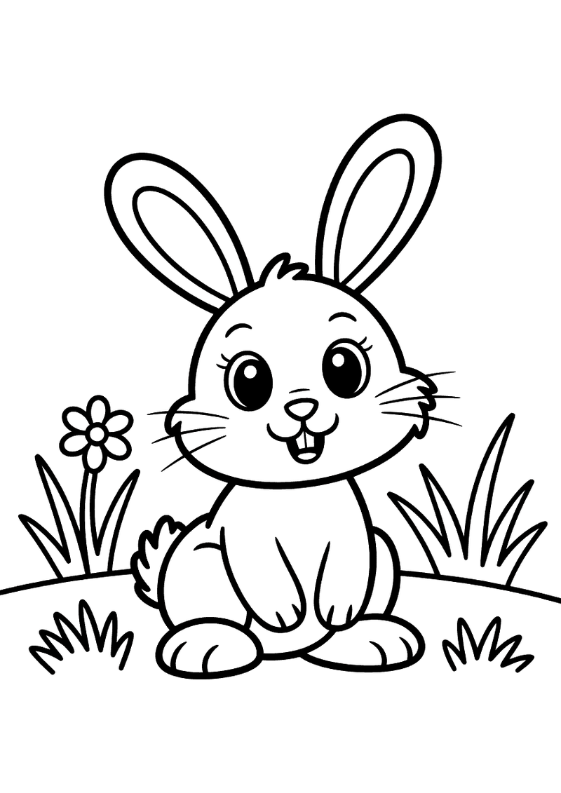 Kleurplaat van een eenvoudig lachend konijntje dat in het gras zit naast een bloem, met dikke lijnen voor jonge kinderen