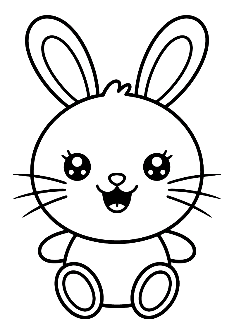 Kawaii kleurplaat van een rond mollig konijntje met lange oren, grote ogen en een brede glimlach, zittend met kleine poo