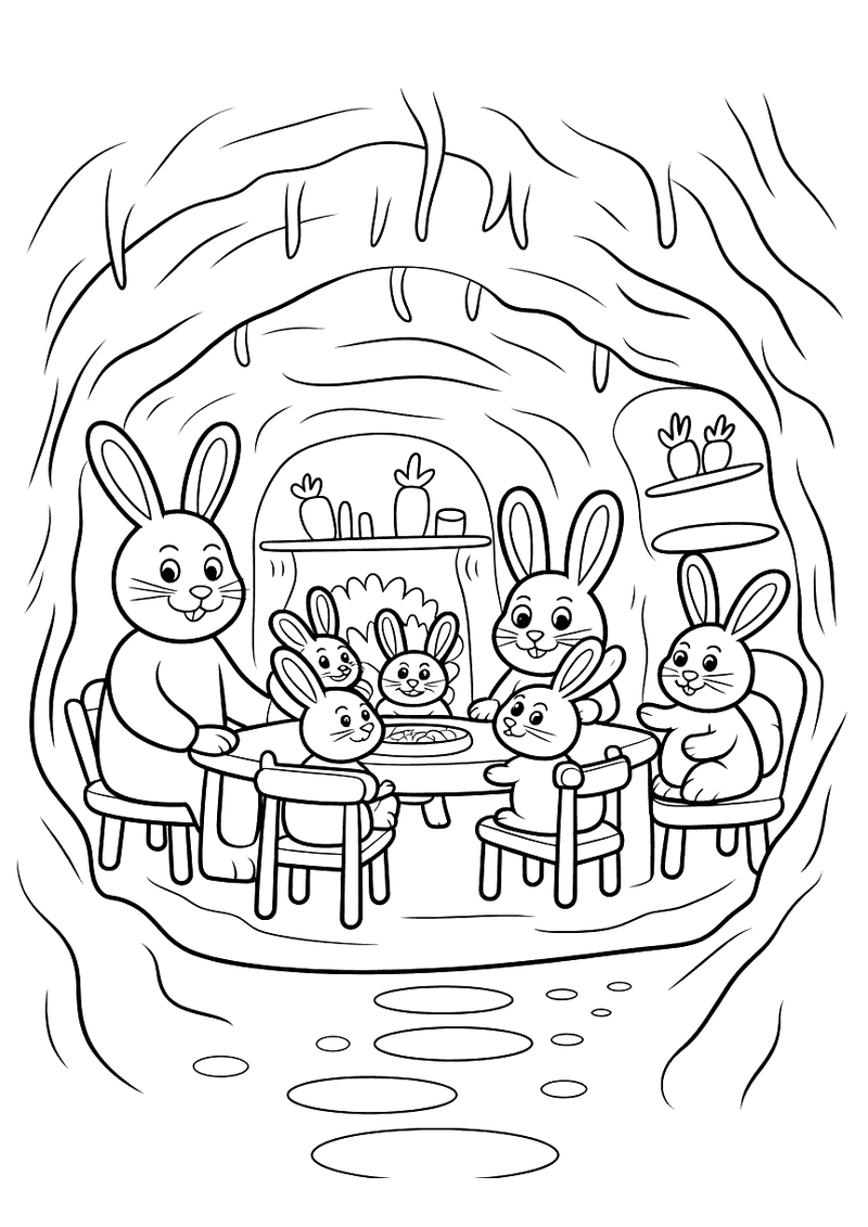 Kleurplaat van een konijnenfamilie met vier konijnen die samen aan tafel zitten in een gezellig ingericht ondergronds hu