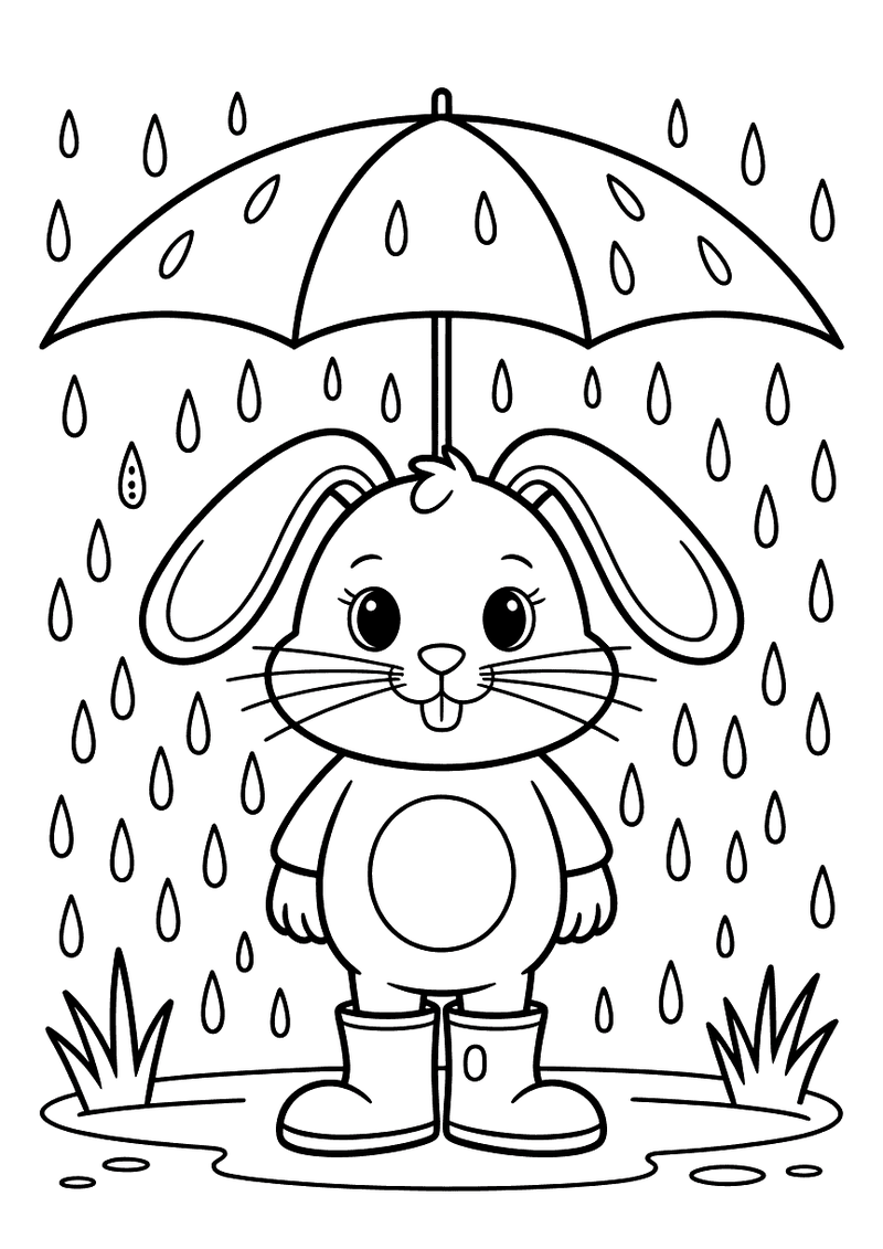 Kleurplaat van een konijn dat staat in de regen met een grote paraplu boven zijn hoofd en rubberen laarzen aan zijn pote