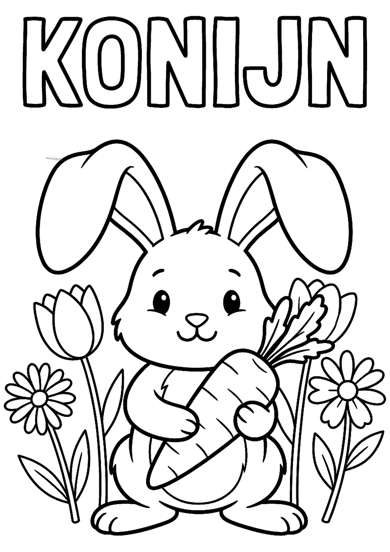 Kleurplaat met de tekst Konijn: een konijn met enorme hangoren houdt een wortel vast tussen een tulp en madeliefjes