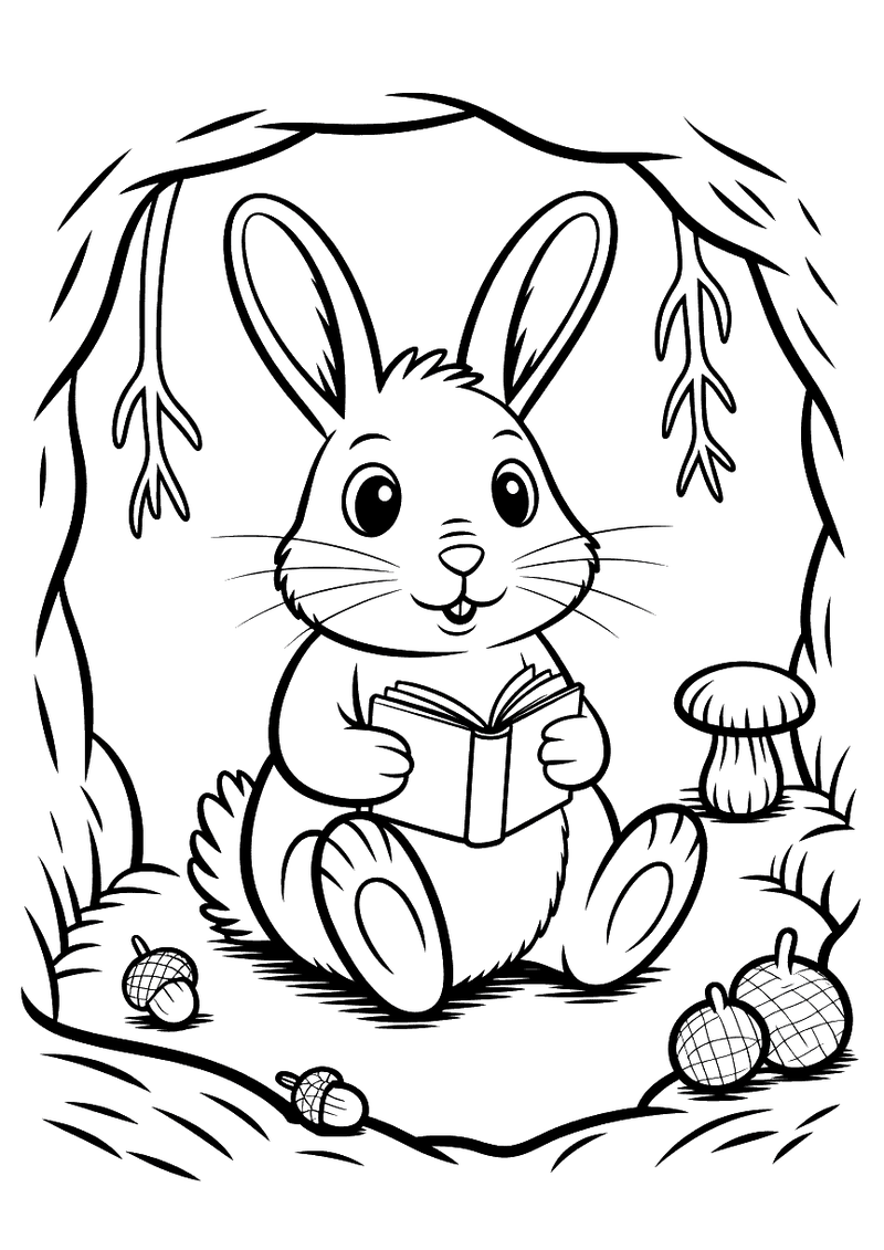 Kleurplaat van een konijn dat zit te lezen in zijn ondergrondse hol met een boek op schoot, omgeven door eikels en padde