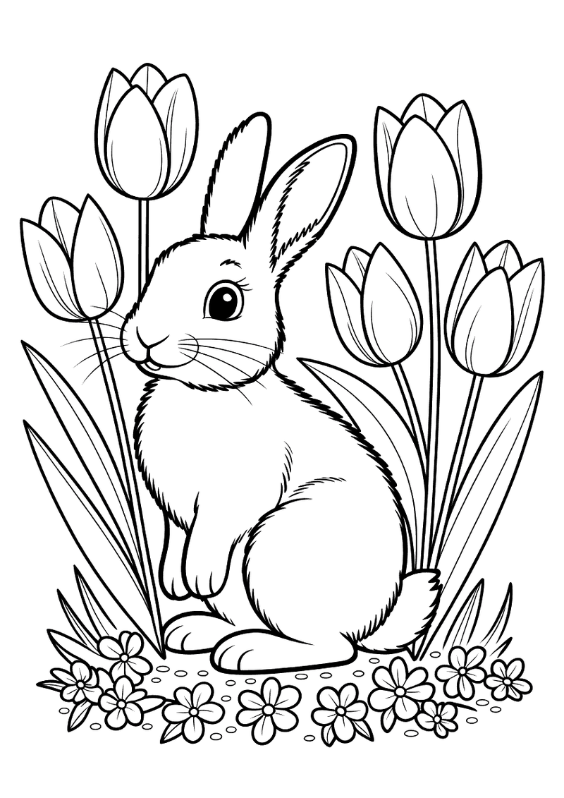 Kleurplaat van een konijn dat zit tussen hoge bloeiende tulpen in een lenteweide met kleine bloemetjes op de grond