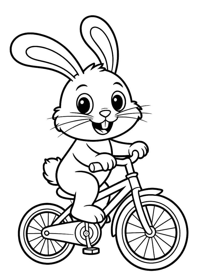 Kleurplaat van een lachend konijn dat op een fiets rijdt met lange oren die omhoog staan
