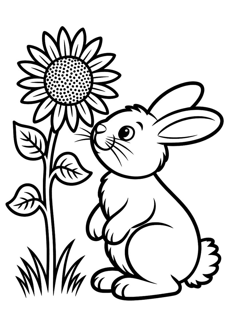 Kleurplaat van een zittend konijn dat zijn neus omhoog steekt om aan een grote zonnebloem te snuffelen