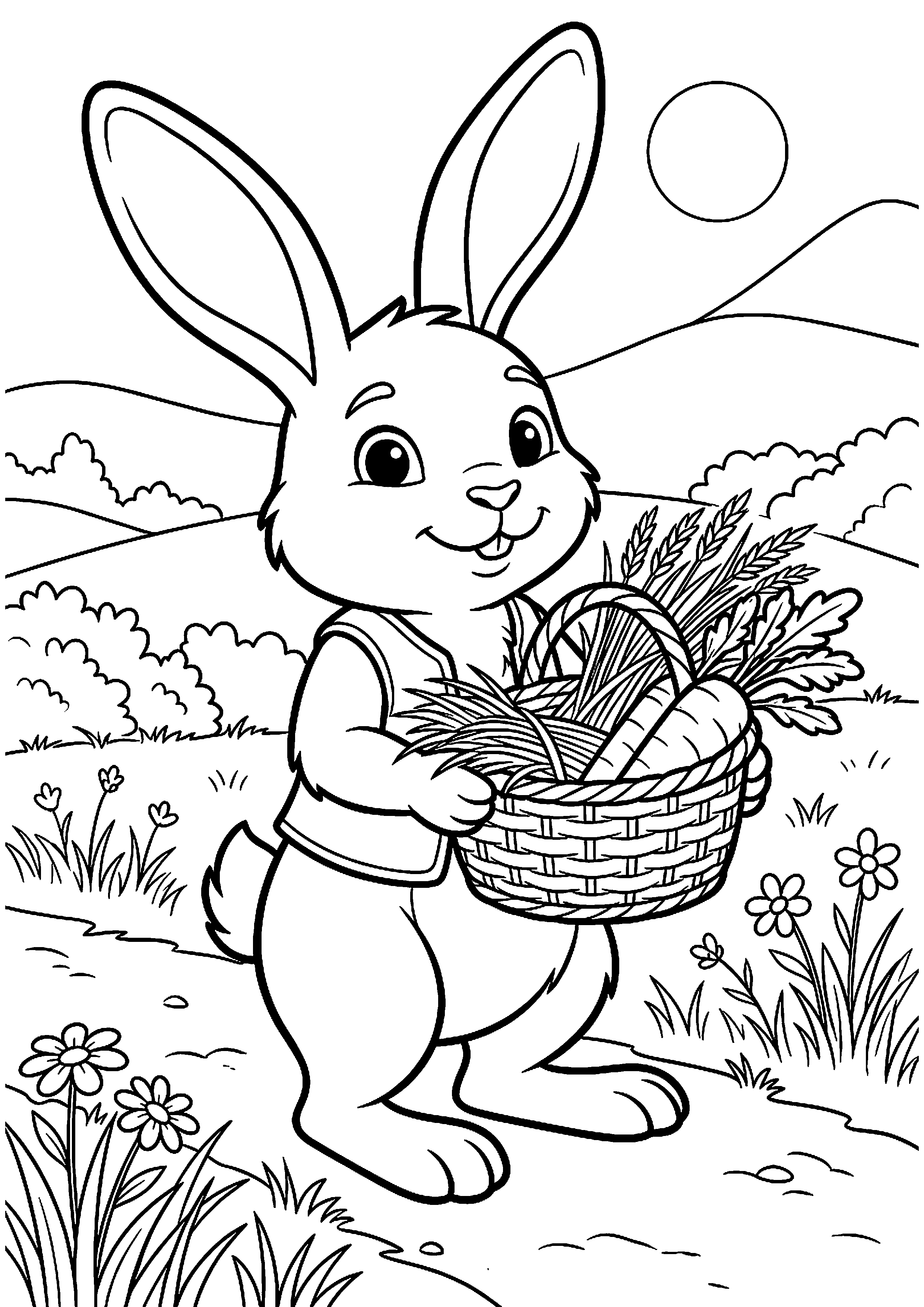 Konijn met mand hooi kleurplaat — gratis kleurplaat