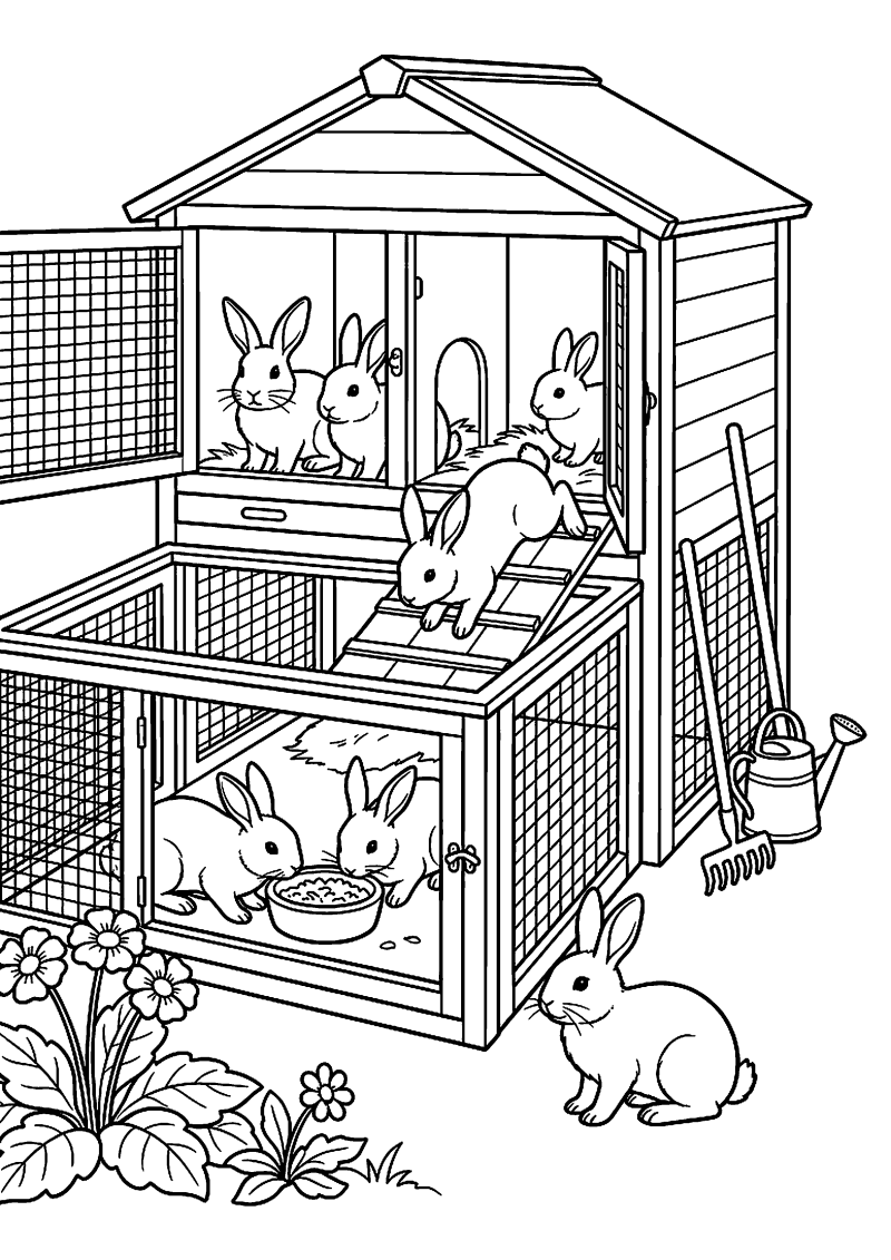 Konijnenhok met meerdere konijnen kleurplaat — gratis kleurplaat