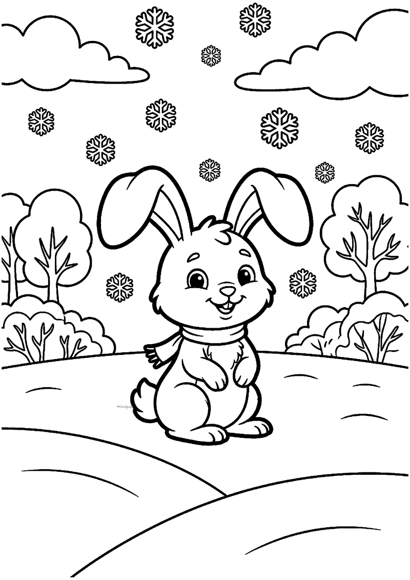 Kleurplaat van een schattig konijntje met lange oren en sjaaltje dat in een besneeuwd veld zit met sneeuwvlokken en.