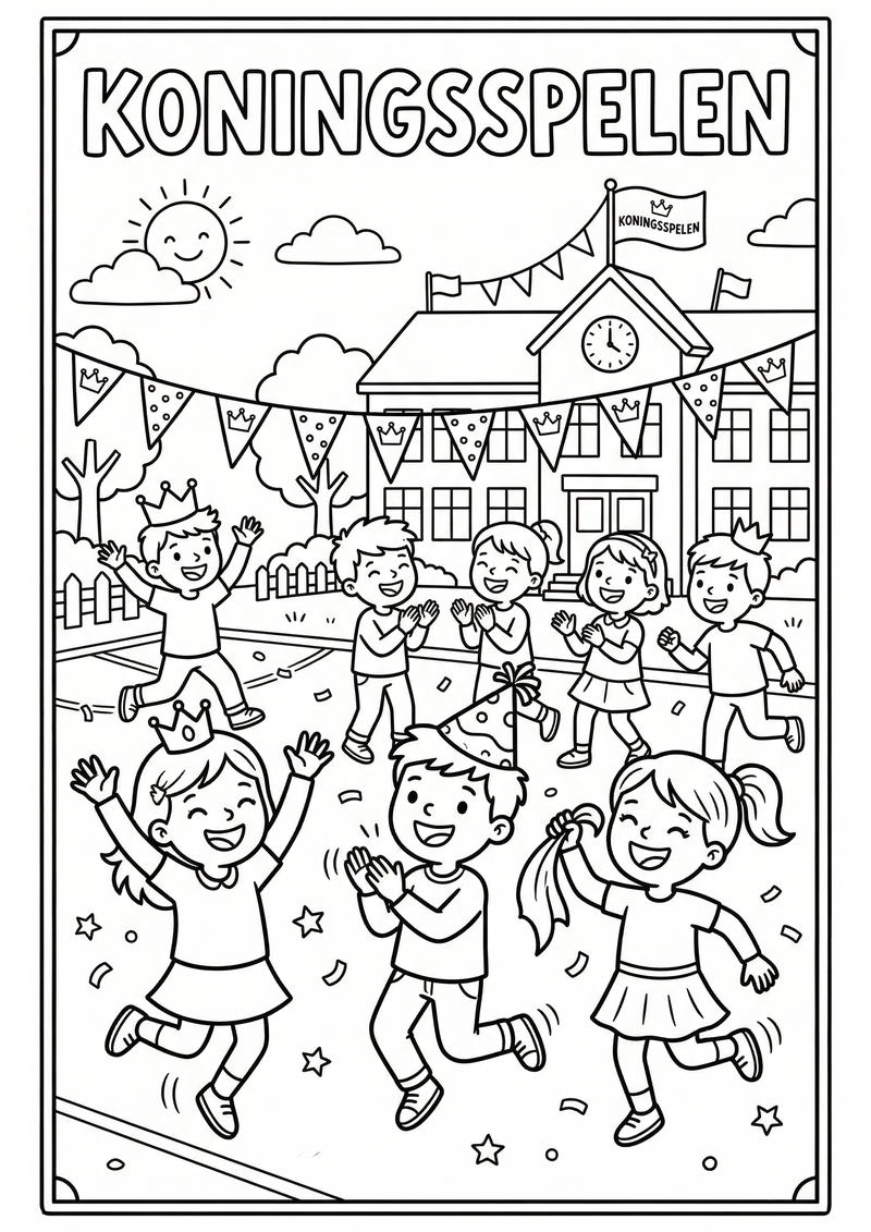 Koningsspelen Dansen op het Schoolplein Kleurplaat — gratis kleurplaat printen