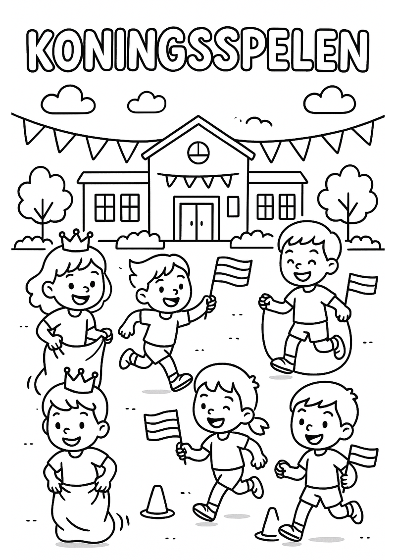 Koningsspelen op het Schoolplein Kleurplaat — gratis kleurplaat printen