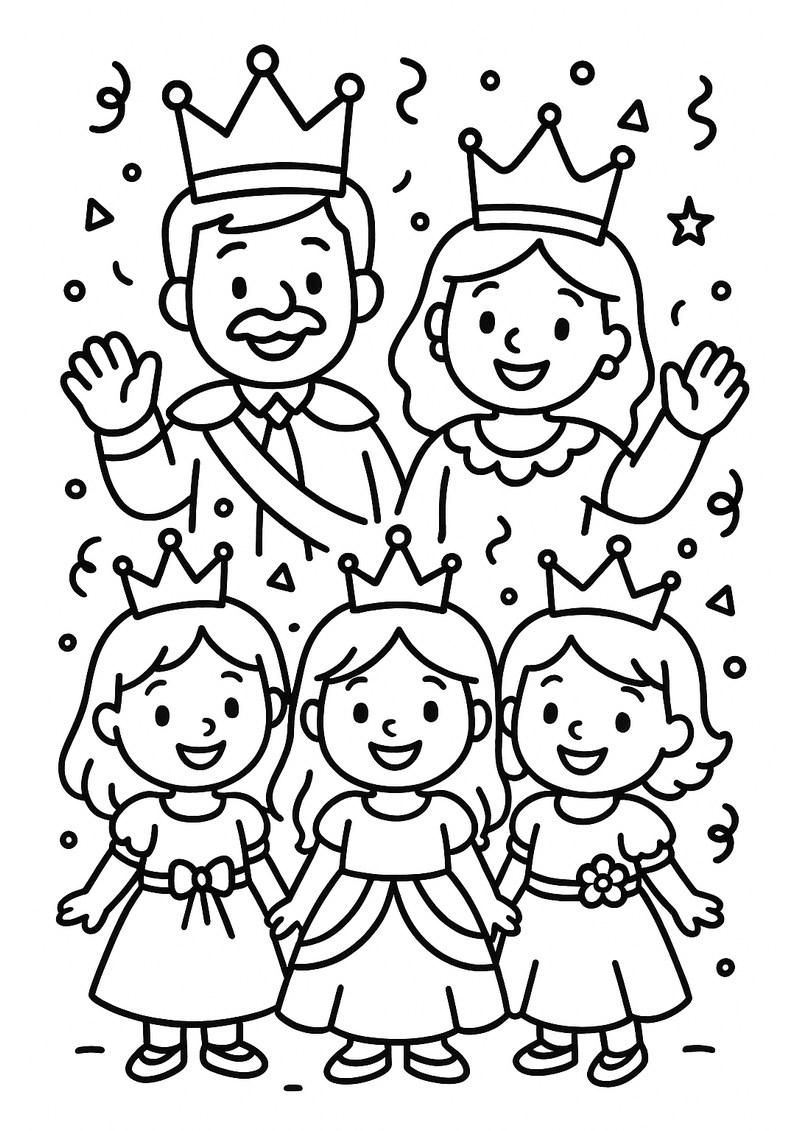 Koninklijke Familie met Prinsessen Kleurplaat — gratis kleurplaat printen