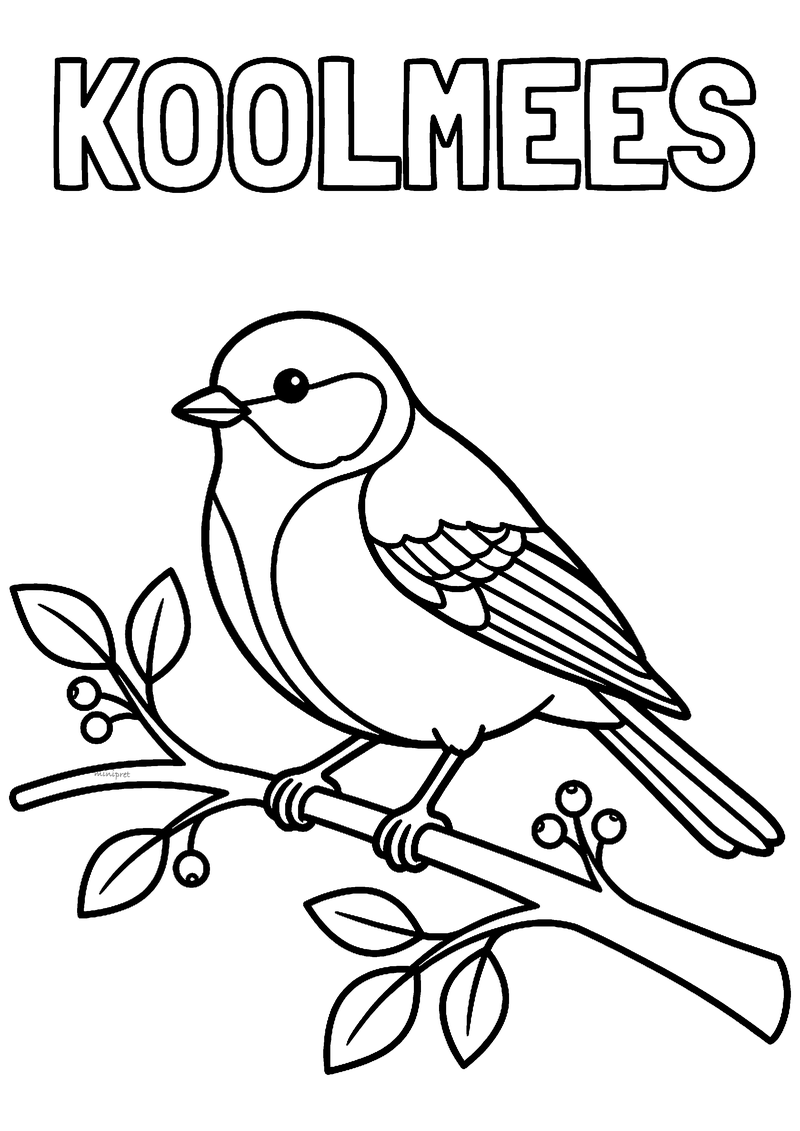 Kleurplaat van een koolmees op een tak met bladeren en bessen, met het woord KOOLMEES erboven